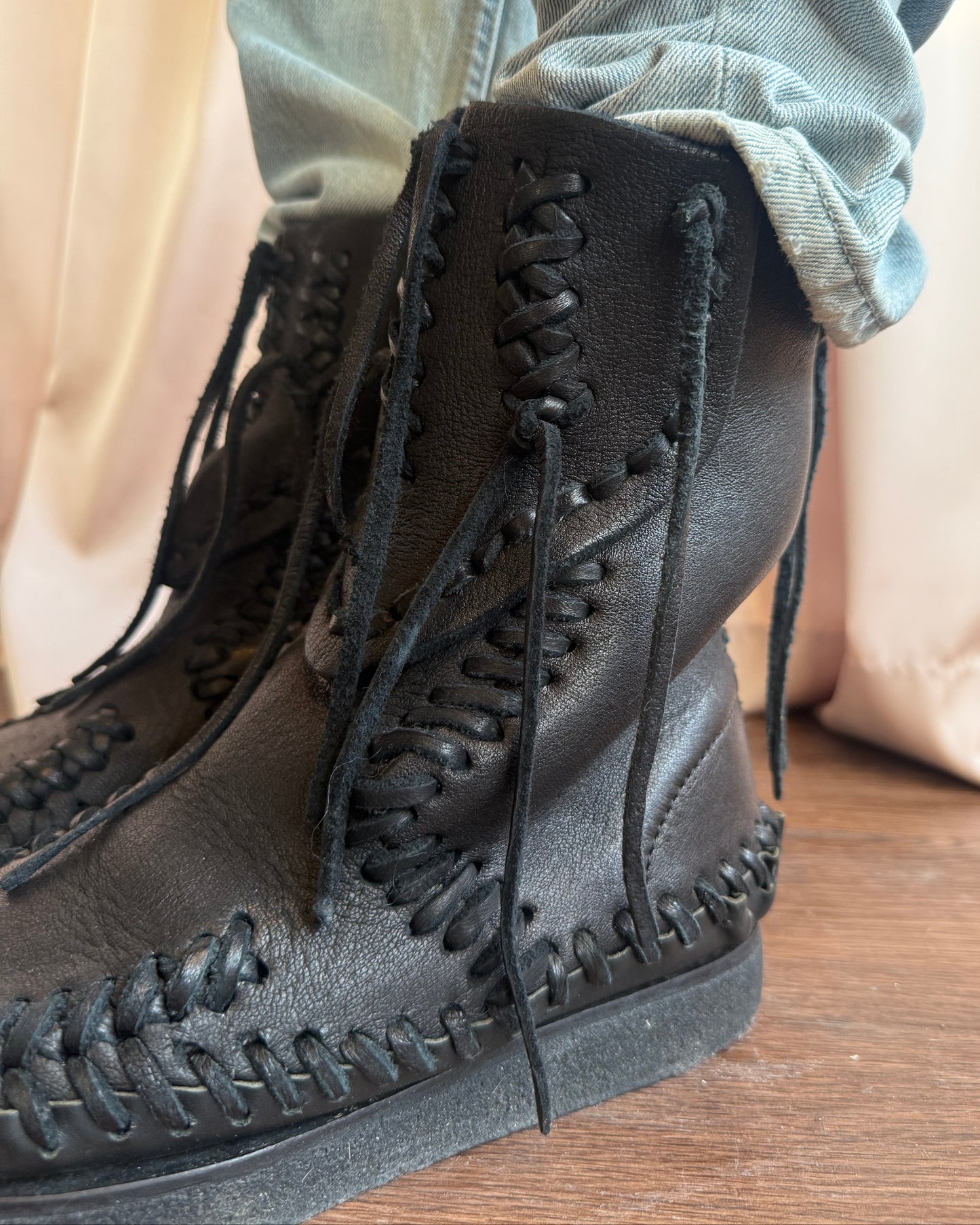 Zucca Black Leather Fringe Moccasin Boots