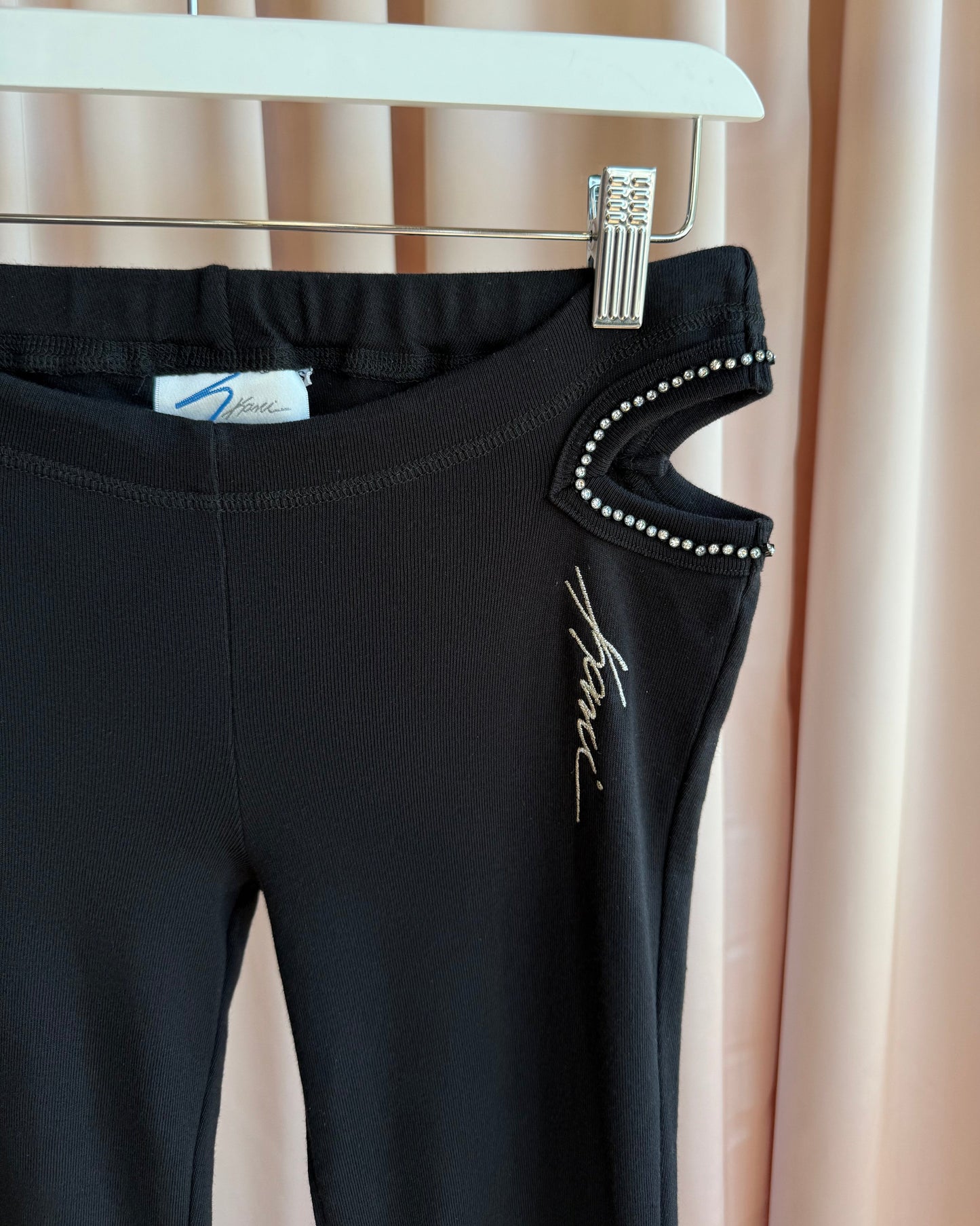 Black Rhinestone Hip Cut Out Low Rise Flare Cotton Pants