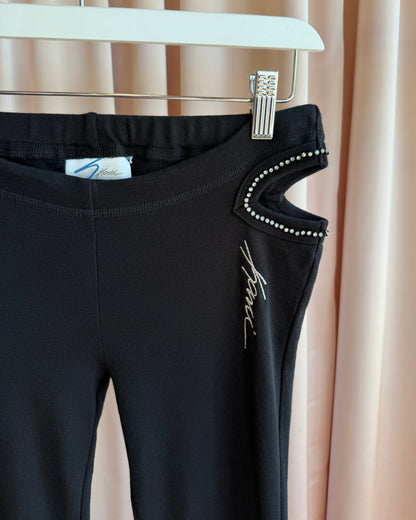 Black Rhinestone Hip Cut Out Low Rise Flare Cotton Pants