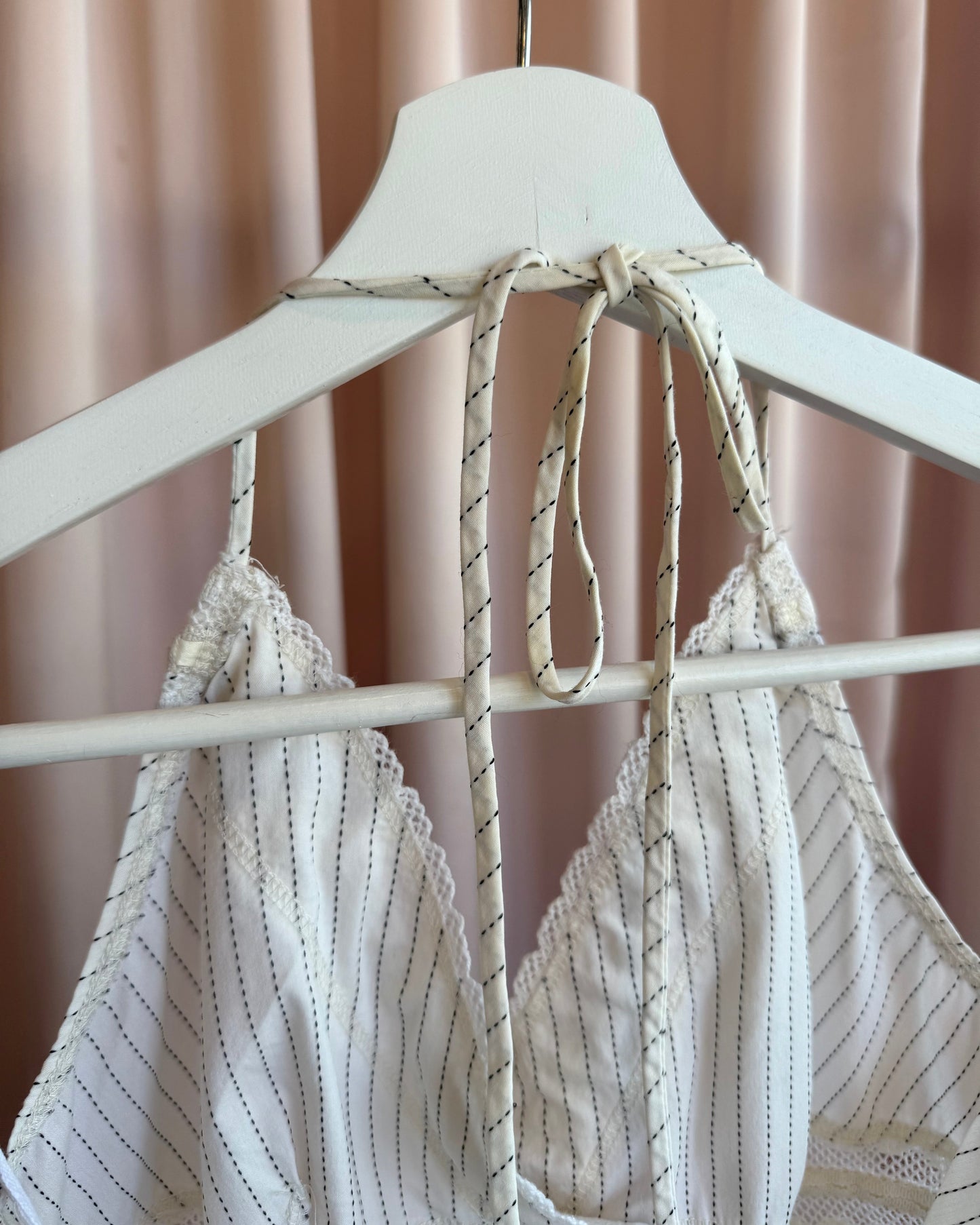 2000's USA Made Cream Pinstripe Crochet Trim Halter Top