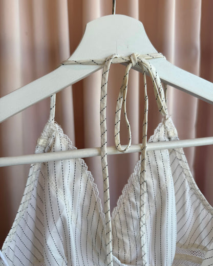 2000's USA Made Cream Pinstripe Crochet Trim Halter Top