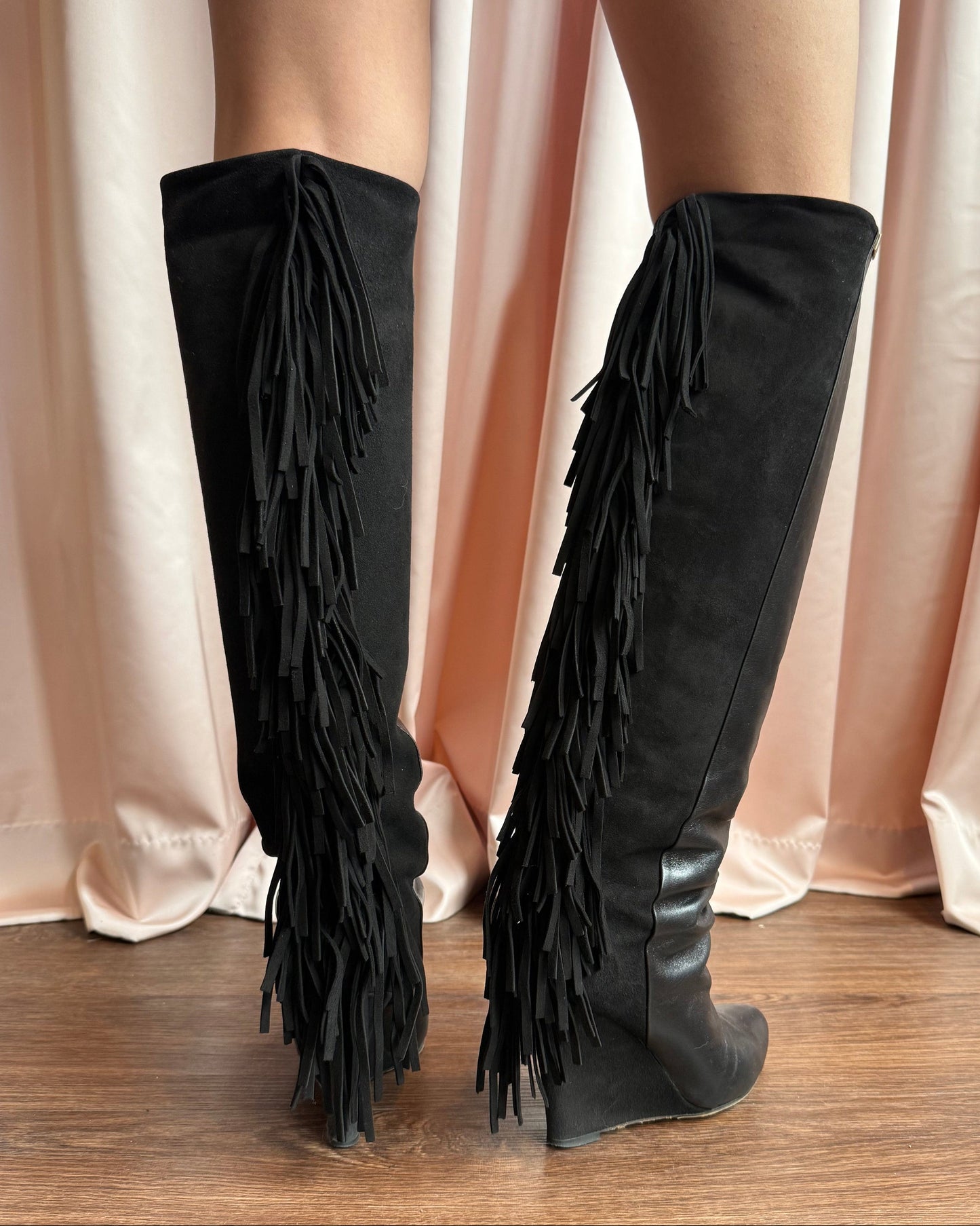 Italian Designer Black Suede & Leather Fringe Boots