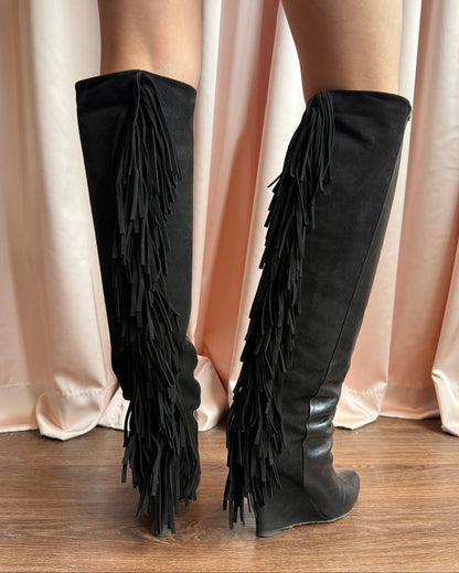Italian Designer Black Suede & Leather Fringe Boots