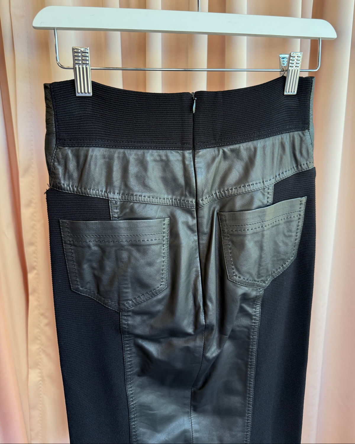 Italian Designer Black Leather Rib Knit Midi Skirt