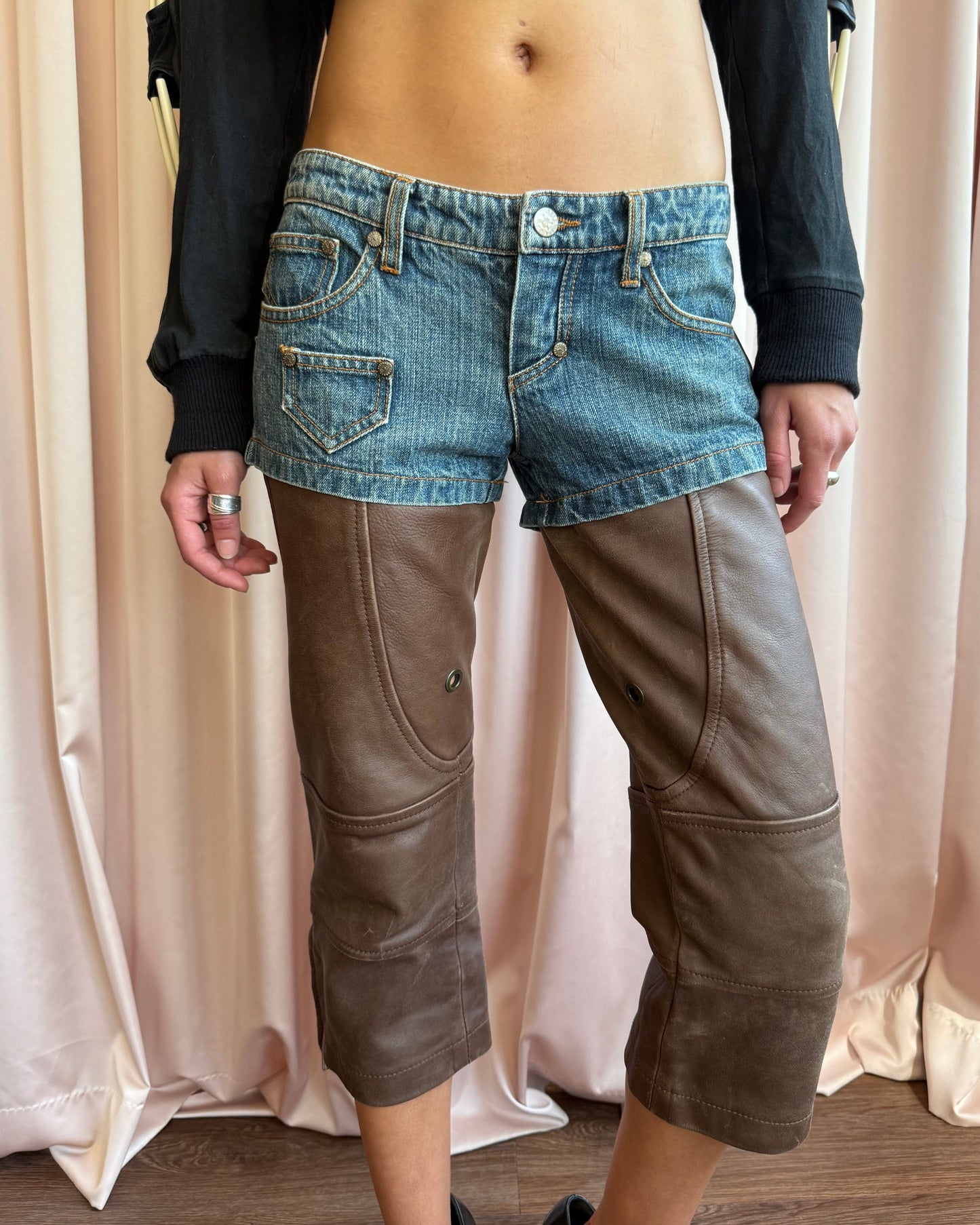 Italian Brand Hybrid Denim & Brown Leather Cropped Pants