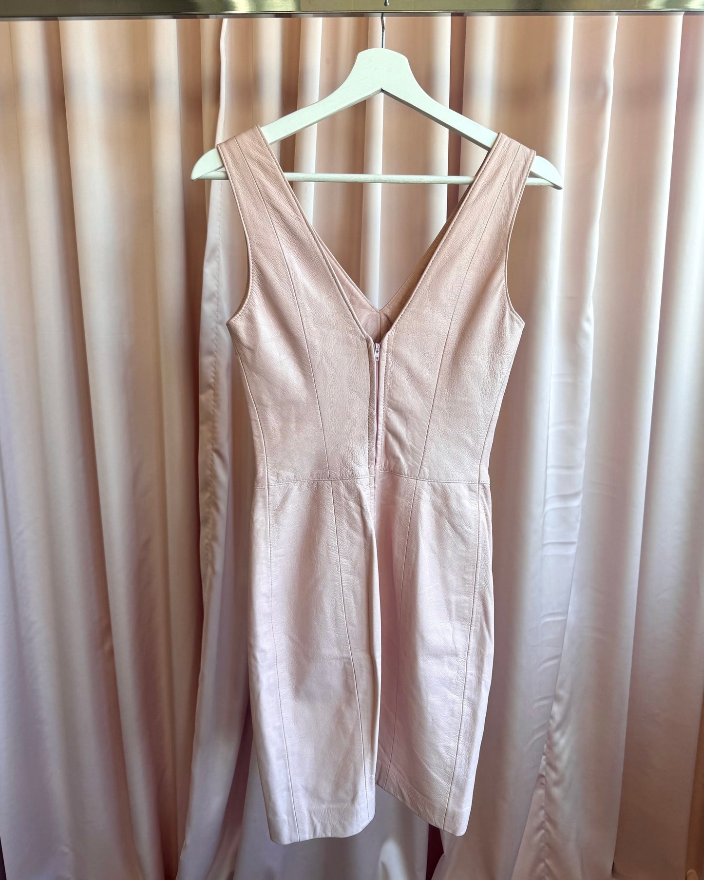 Canadian Made Baby Pink Genuine Leather V-Neck Bodycon Dress