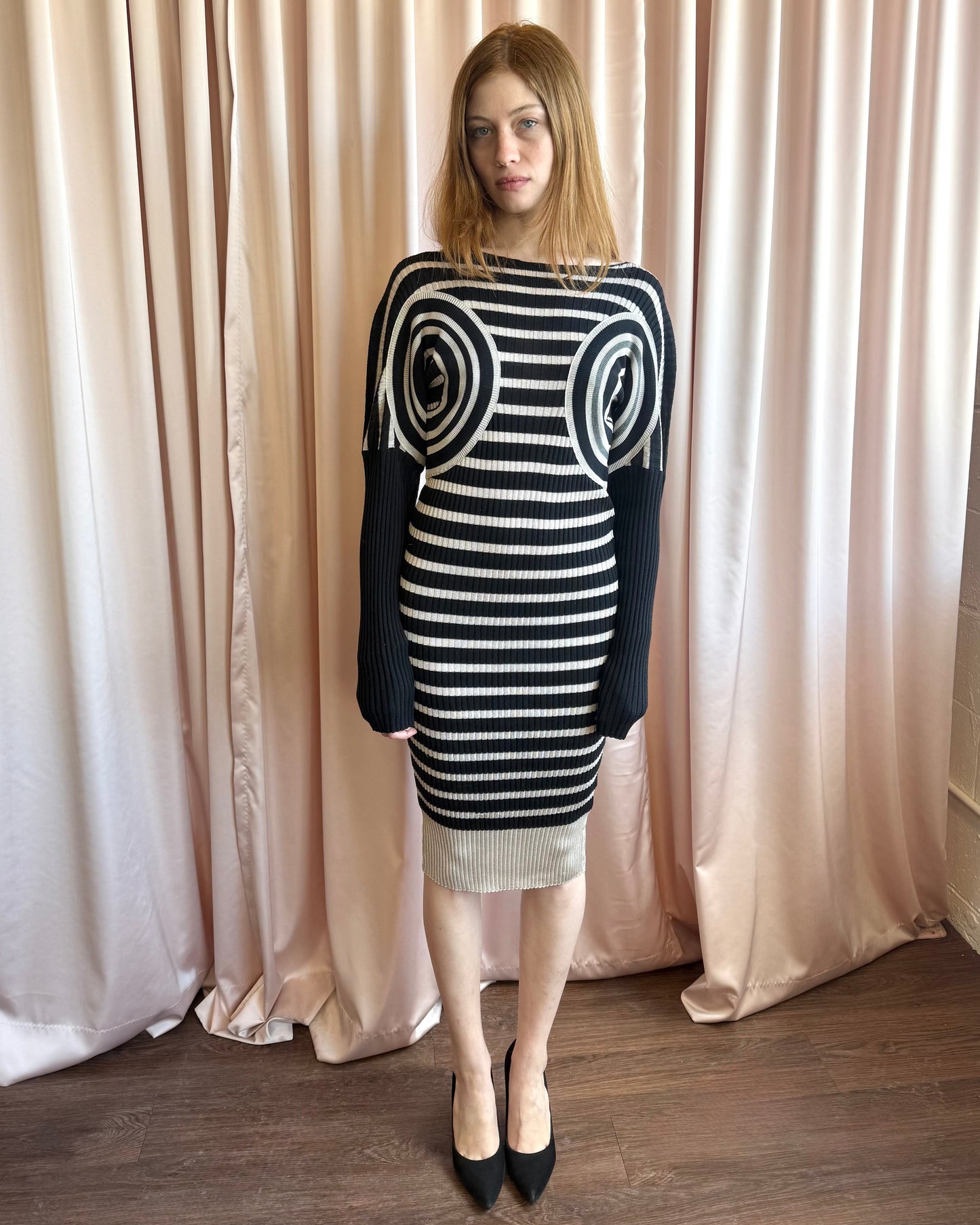Jean Paul Gaultier Black & Beige Striped Long Sleeve Knit Dress