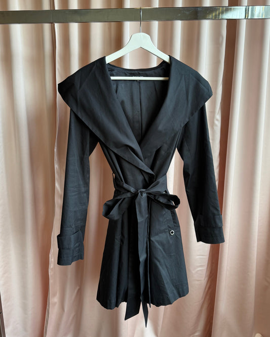 Italian Designer Hooded Black Belted Trench Coat