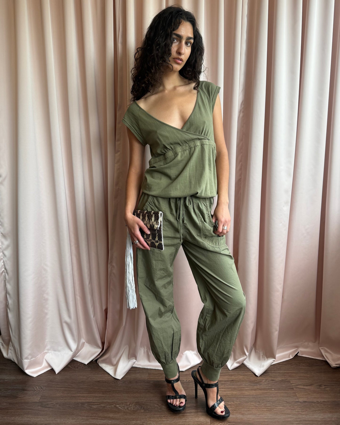 Italian Brand Army Green Cotton Surplice Jumpsuit