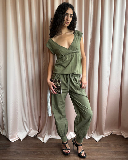 Italian Brand Army Green Cotton Surplice Jumpsuit