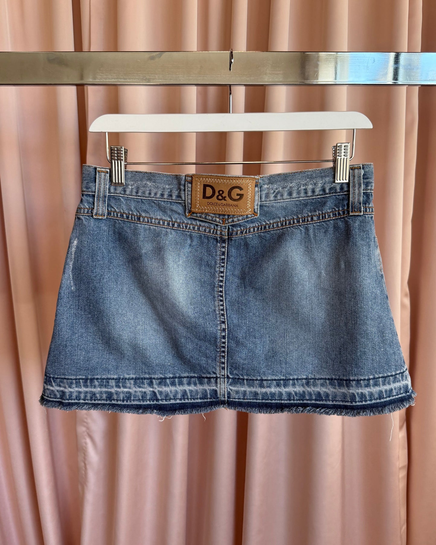 D&G S/S 2005 Logo Patch Distressed Denim Mini Skirt