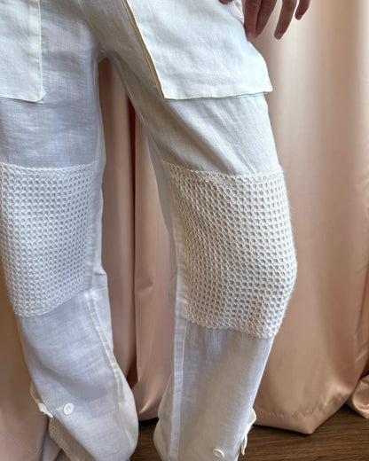 Belted Fishnet Lightweight White Cotton Trousers