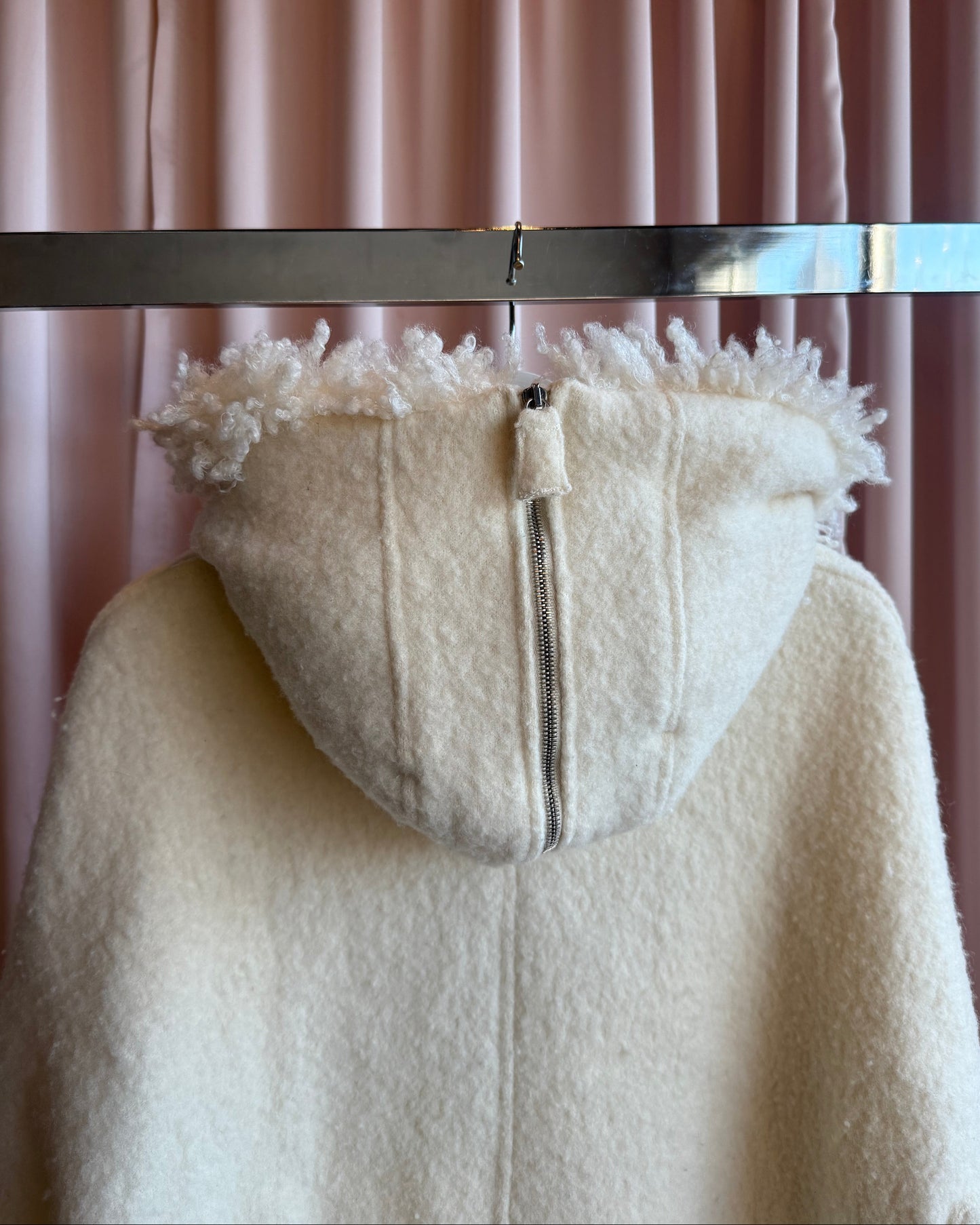 Italian Brand Ivory Wool Faux Fur Split Hood Coat
