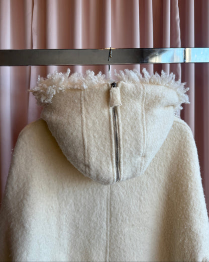 Italian Brand Ivory Wool Faux Fur Split Hood Coat