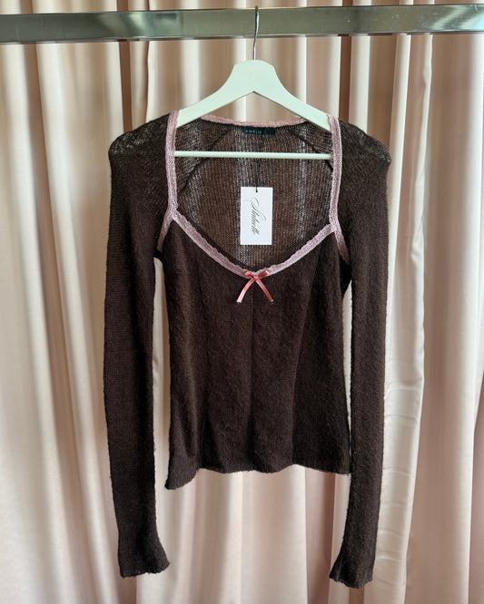 Brown & Pink Lace Trim Mohair Blend Long Sleeve Top