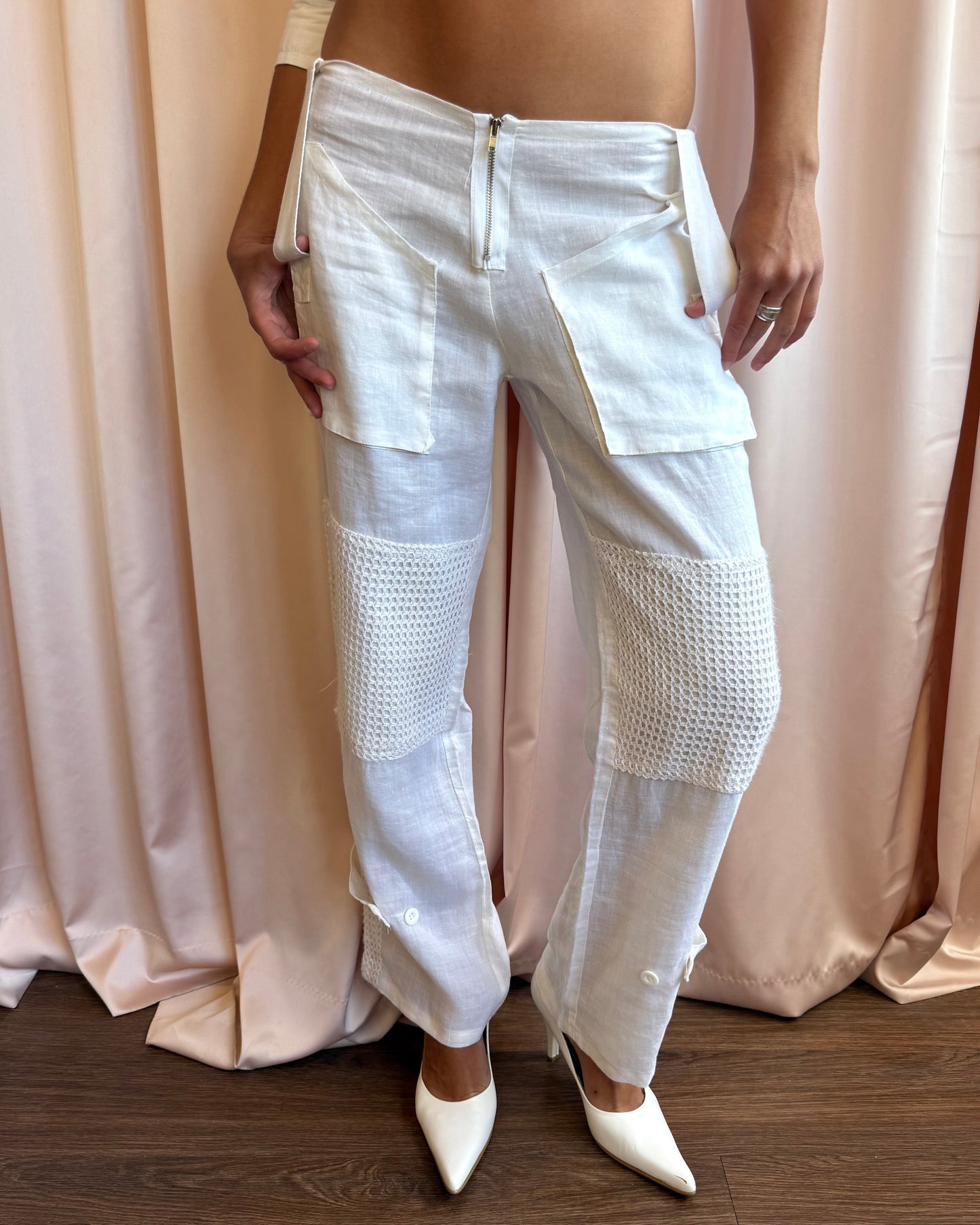 Belted Fishnet Lightweight White Cotton Trousers