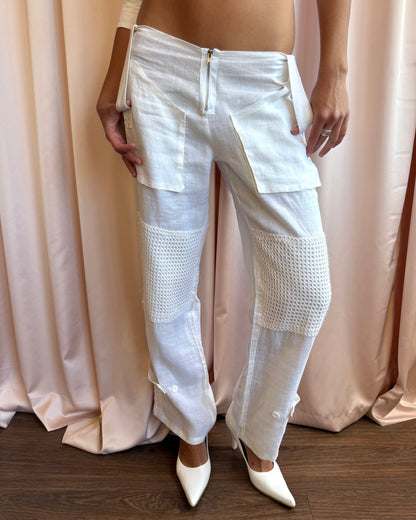 Belted Fishnet Lightweight White Cotton Trousers