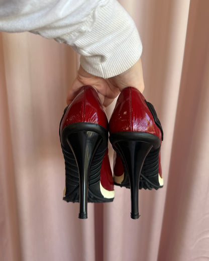 Casadei Sporty Mesh Accent Red Patent Leather Pumps