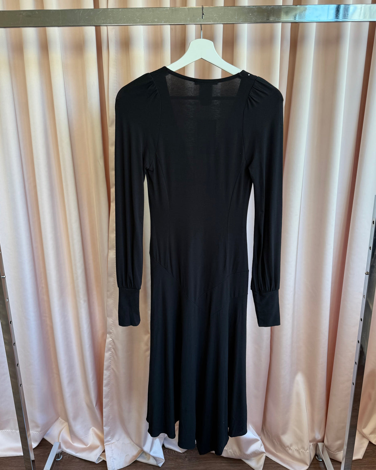 Italian Designer Black Low Cut Rhinestone V-Neck Long Sleeve Dress