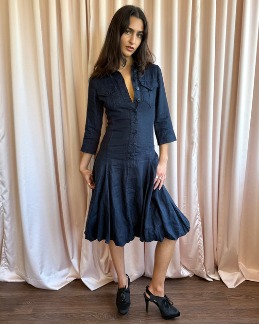 Spanish Brand Navy Linen Drop Waist Shirt Dress