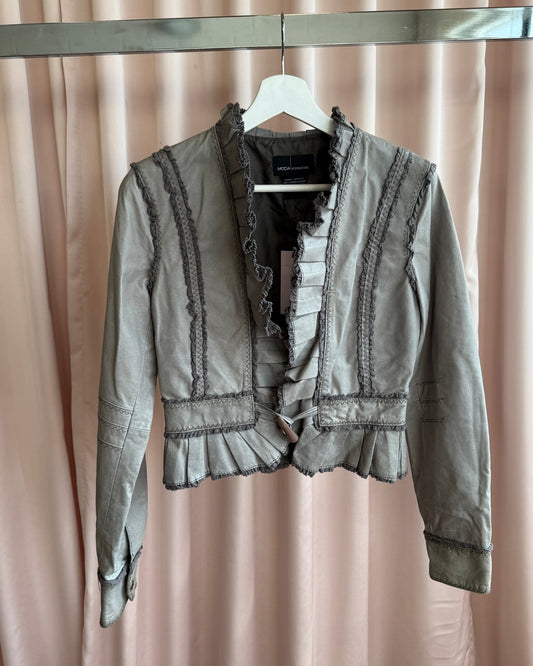 Genuine Leather Grey Ruffle Trim Horn Toggle Closure Jacket