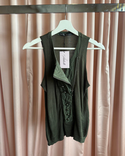 Balenciaga by Ghesquière 2007 Olive Green Silk Knit Buttoned Tank Top