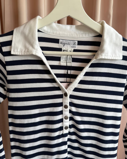 agnès b. Navy & White Striped 7/8 Sleeve Polo Shirt