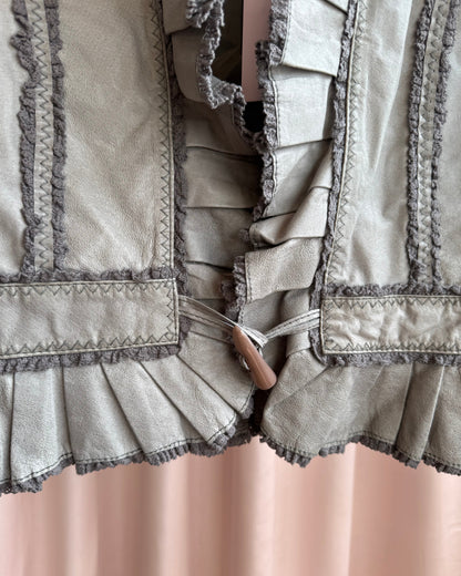 Genuine Leather Grey Ruffle Trim Horn Toggle Closure Jacket