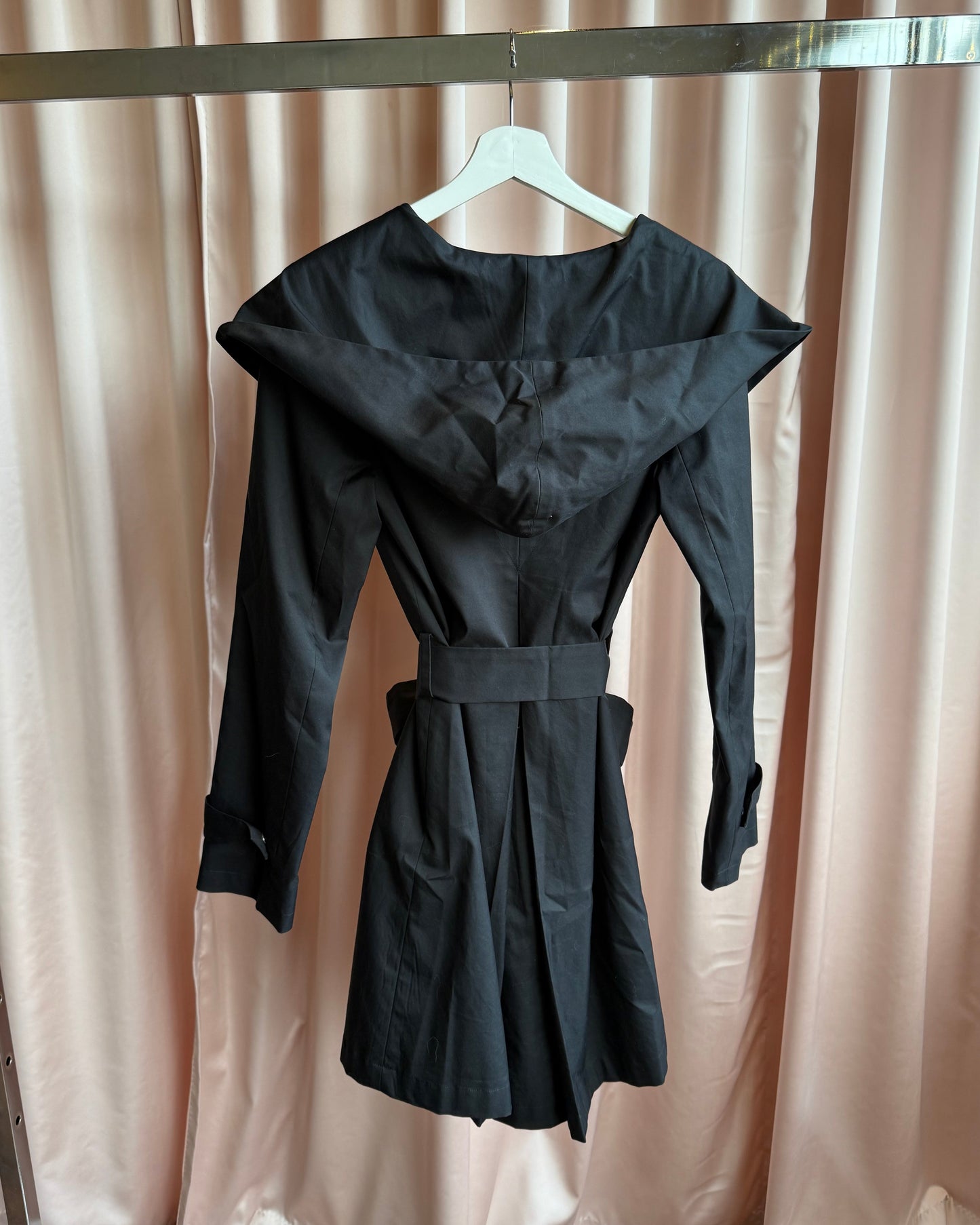 Italian Designer Hooded Black Belted Trench Coat
