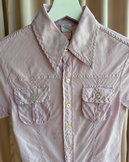 Italian Brand Pink Text Print Back Short Sleeve Button Up Shirt