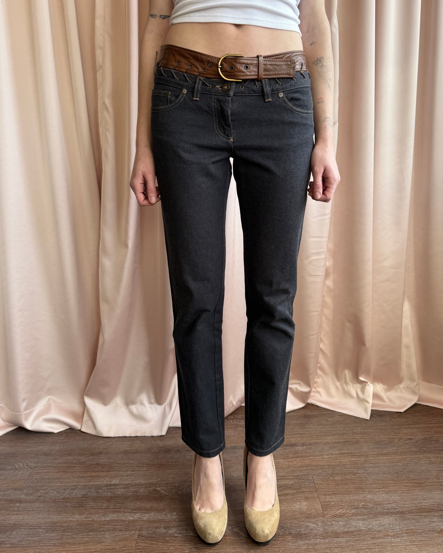 Alexander McQueen F/W 2002 Lace Up Leather Waistband Denim Skinny Jeans
