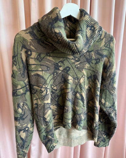 Hysteric Glamour Safety Pin Camouflage Print Wool Knit Turtleneck Sweater