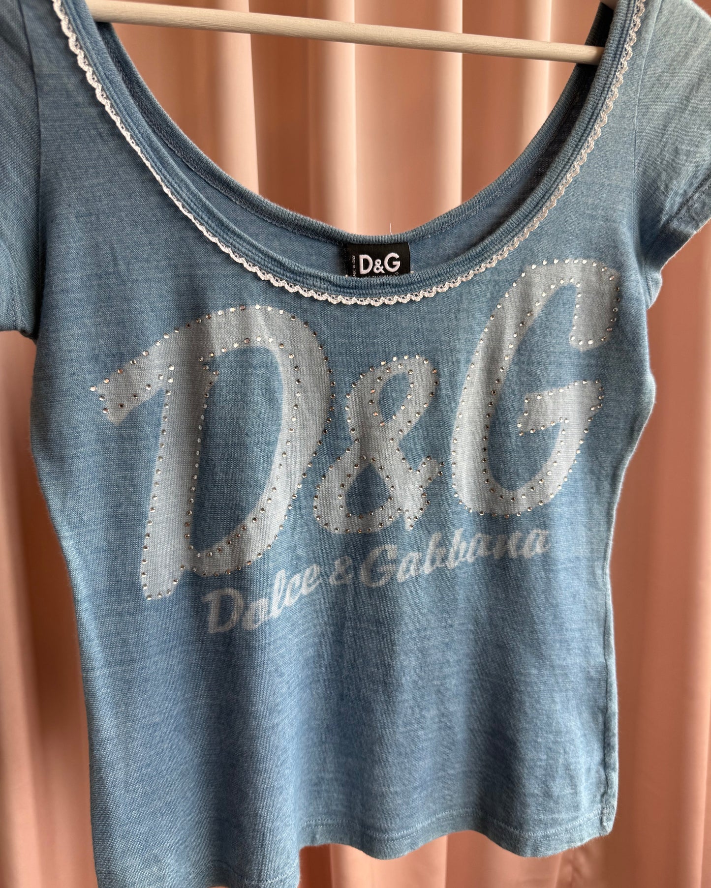 D&G 2000's Blue Rhinestone Logo Short Sleeve Top