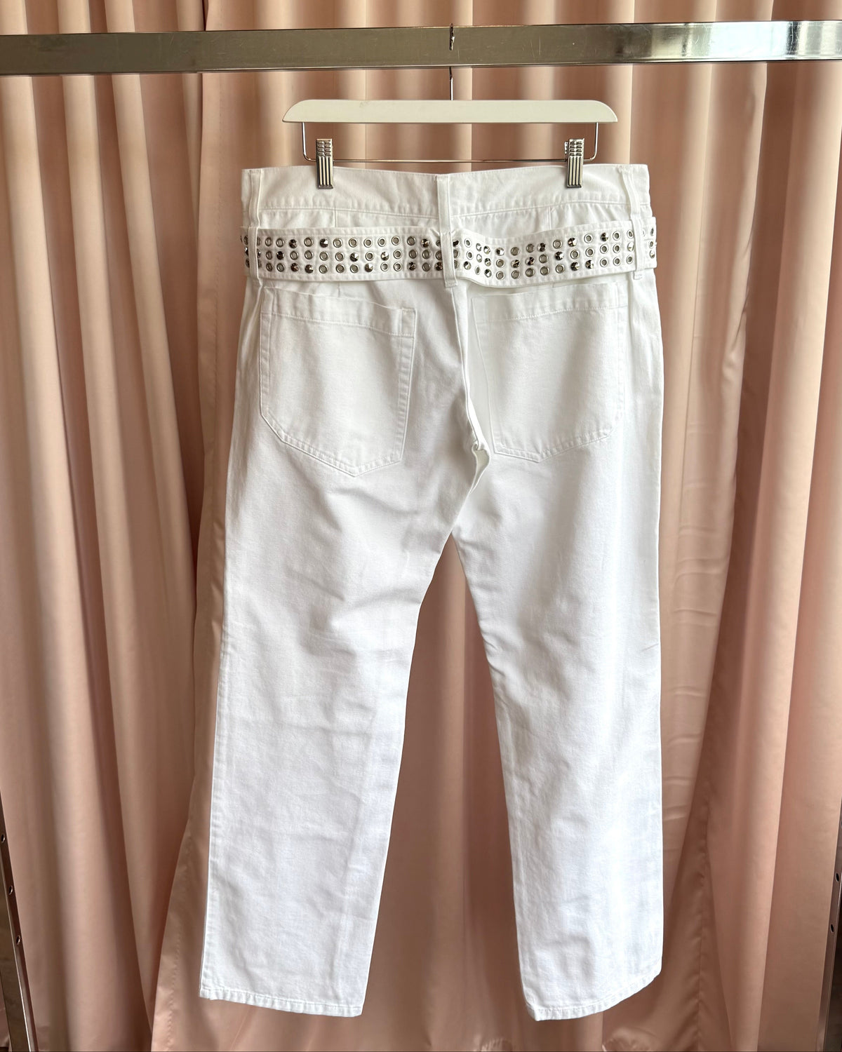 Richmond 'X' Cone Studded Grommet Belted White Pants