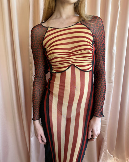 Jean Paul Gaultier S/S 1997 Runway Open Back Striped Mesh Long Sleeve Dress