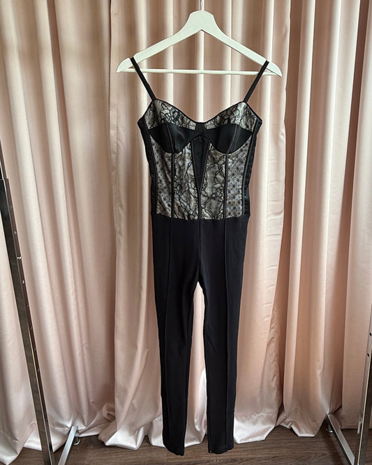 Bebe Black Boned Bustier Lace Panel Jumpsuit