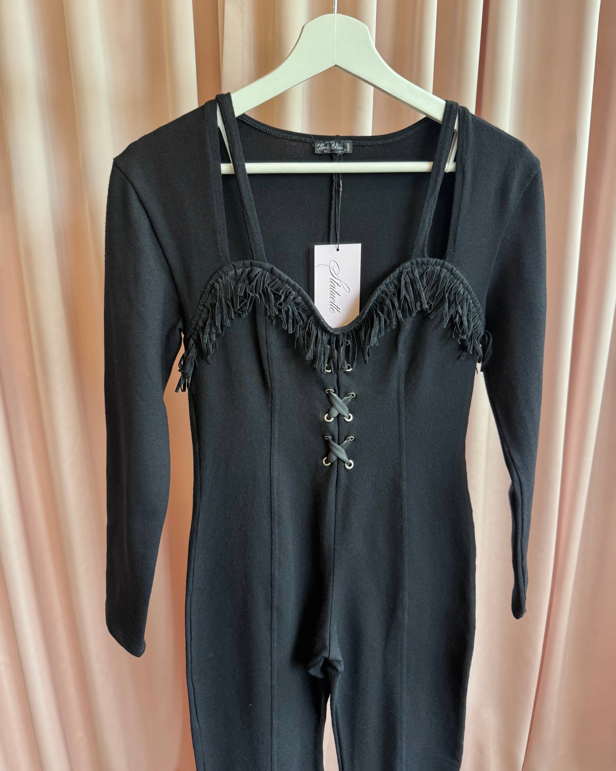 Parisian Brand 1990's Black Lace Up Fringe Neckline Long Sleeve Jumpsuit