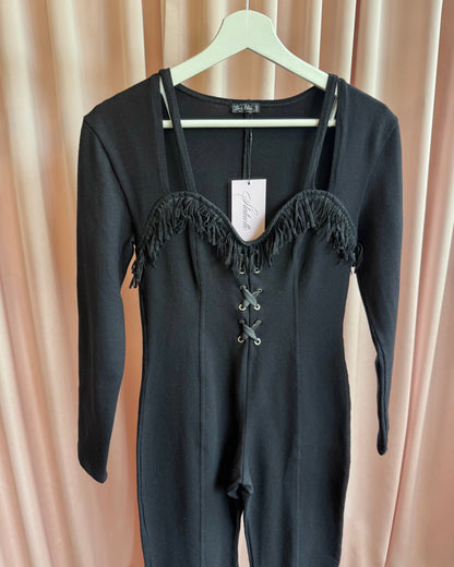 Parisian Brand 1990's Black Lace Up Fringe Neckline Long Sleeve Jumpsuit
