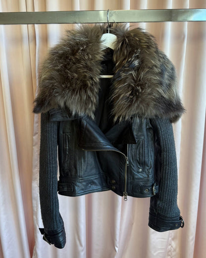 Japanese Brand Raccoon Fur Collar Sheepskin Leather Jacket