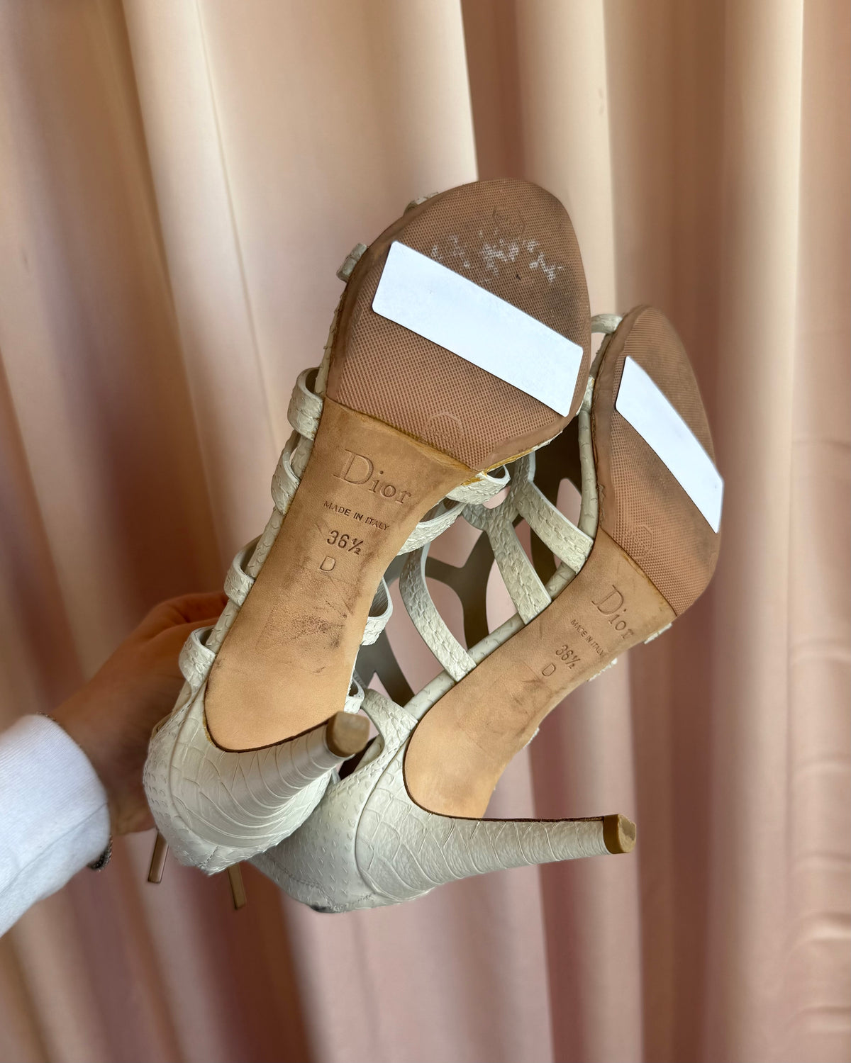 Dior White Python Embossed Leather Cut Out Heel Sandals