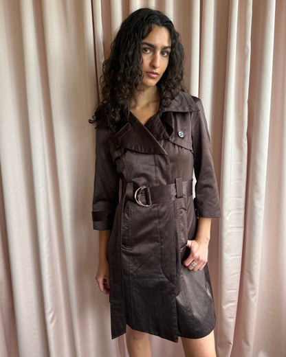 Bebe Chocolate Brown Satin Trench Coat