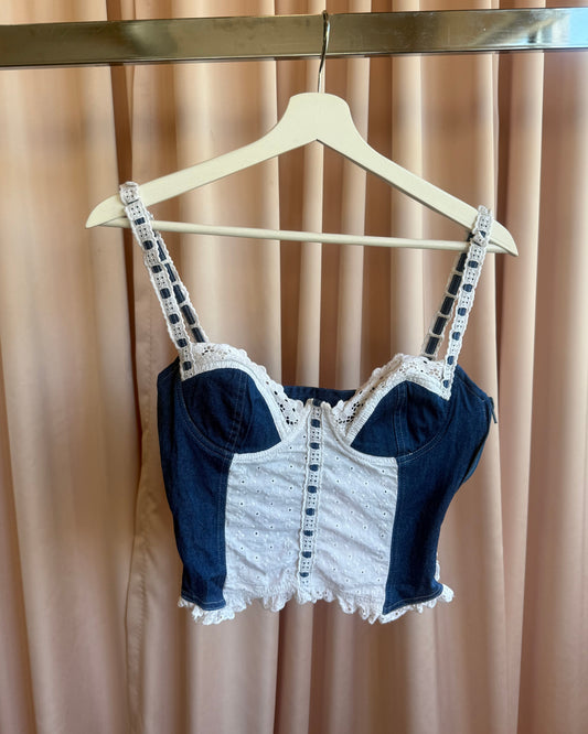 French Brand Blue & White Broderie Anglaise Contrast Bustier Top