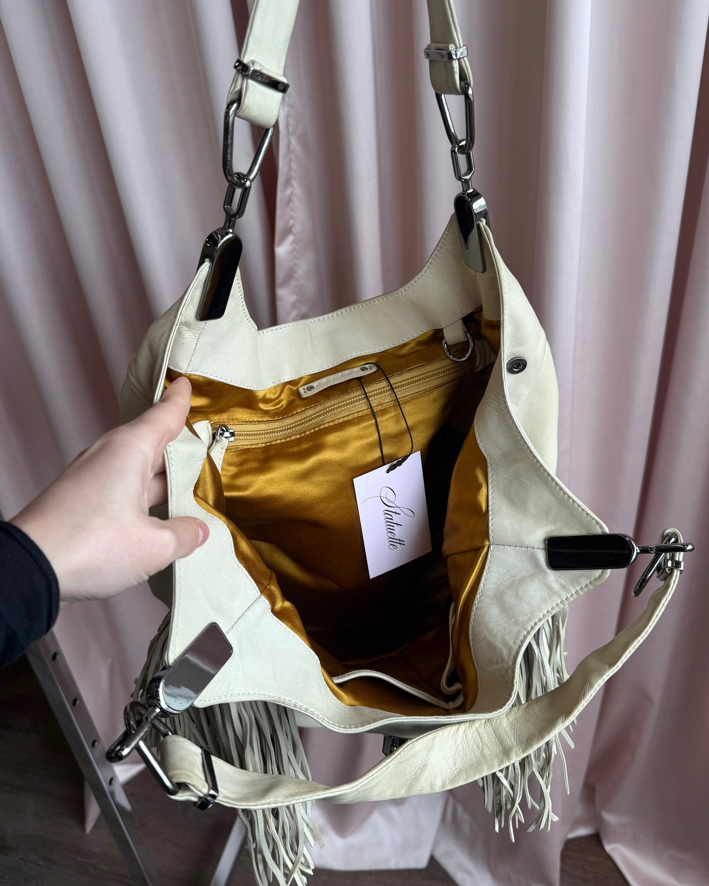 Céline Dimitri Cream Leather Fringe Hobo Handbag