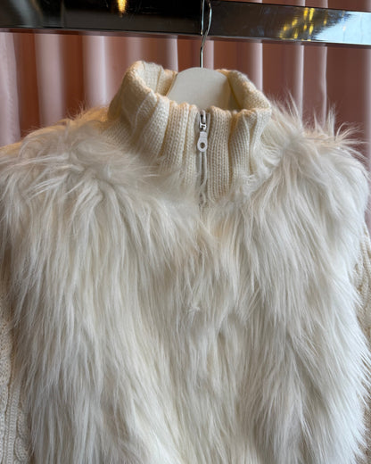 Heaven White Faux Fur Cable Knit Zip Up Sweater