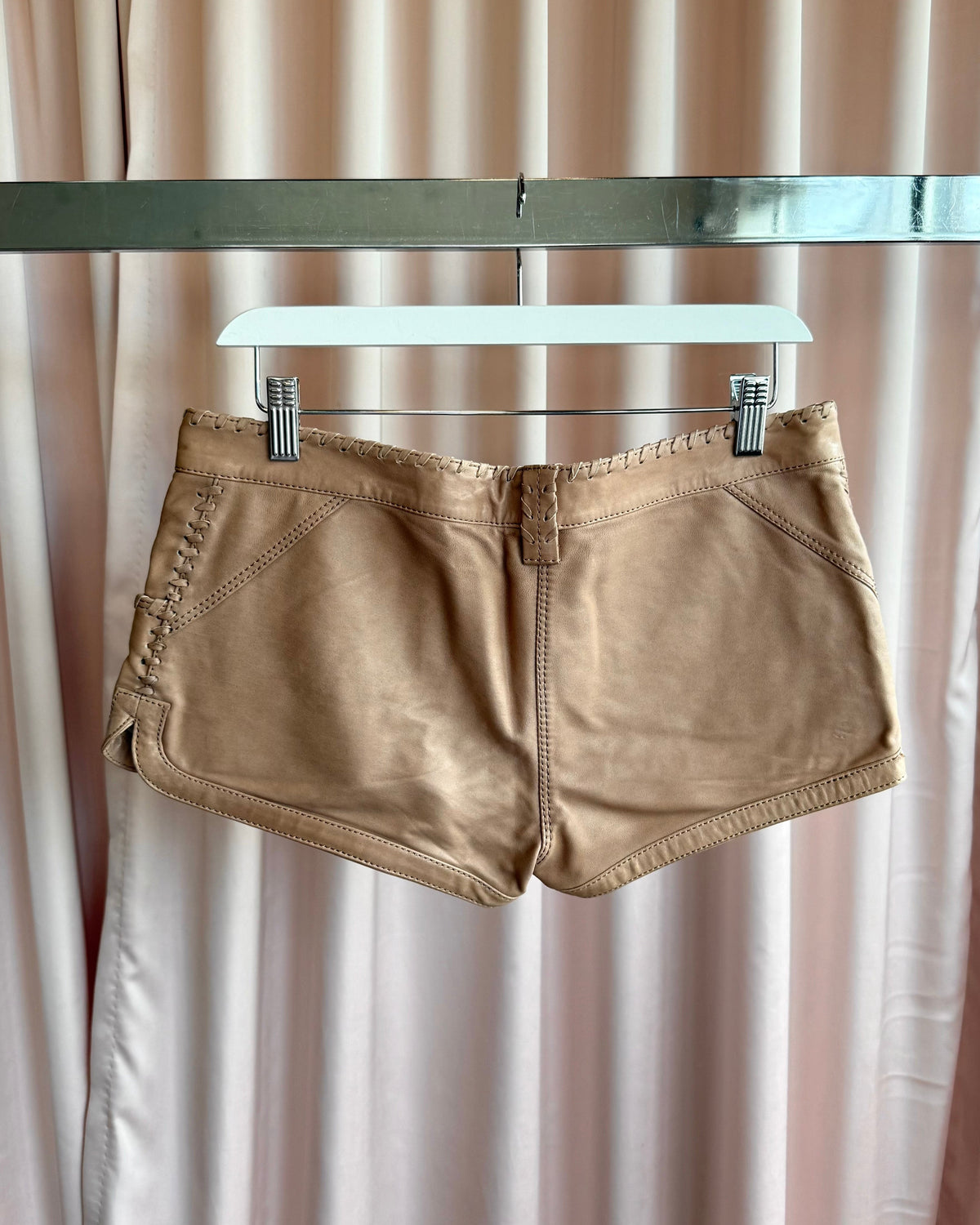 French Brand Tan Lambskin Leather Mini Shorts