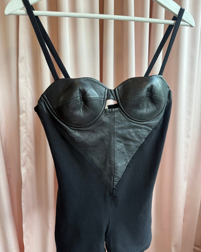 Parisian Brand Black Leather Contrast Bustier Romper