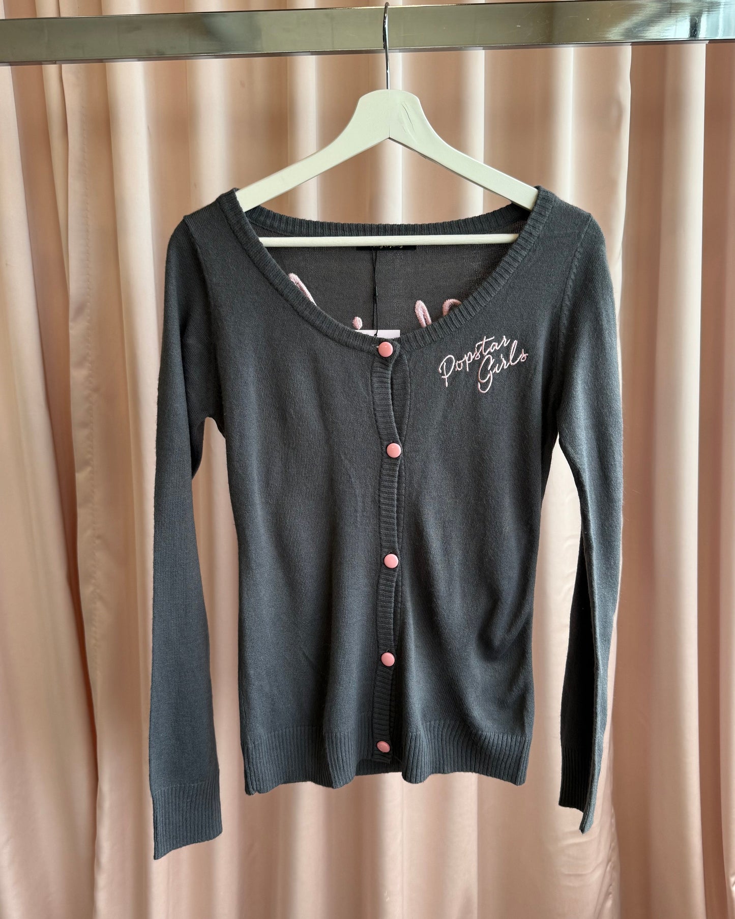 "Popstar Girls" Grey & Pink Embroidered Cardigan