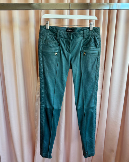 Balmain Viridian Lambskin Leather Low Rise Slim Cut Moto Pants
