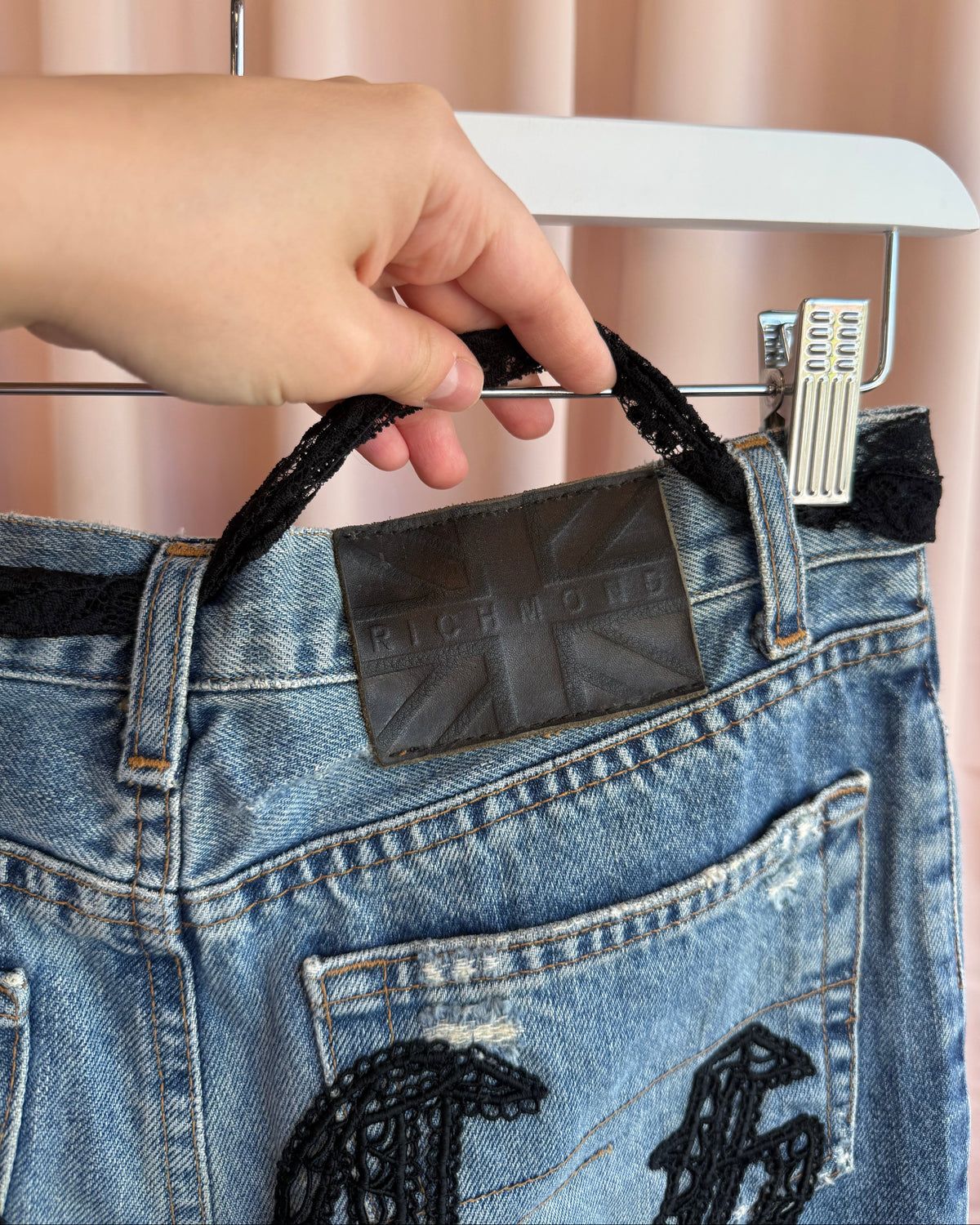 Richmond Black Lace Spell Out Belted Distressed Cropped Denim