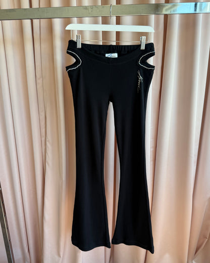 Black Rhinestone Hip Cut Out Low Rise Flare Cotton Pants
